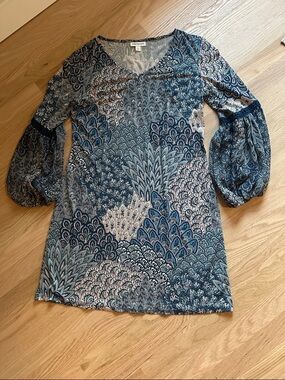 Blue Paisley Print Boho sheath dress sz S EUC